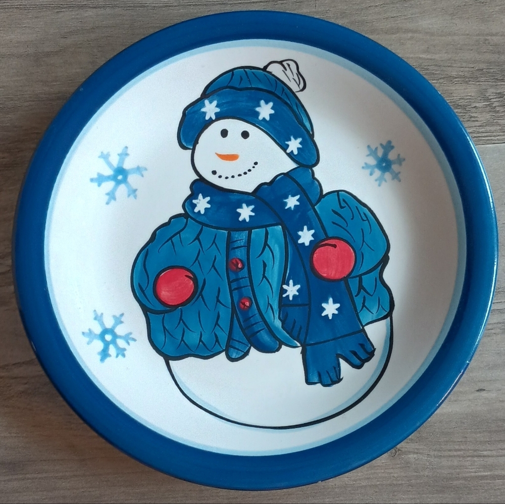 Libbey Snowman Christmas 8" Plate Blue White Snowflakes Ceramic Winter Holiday